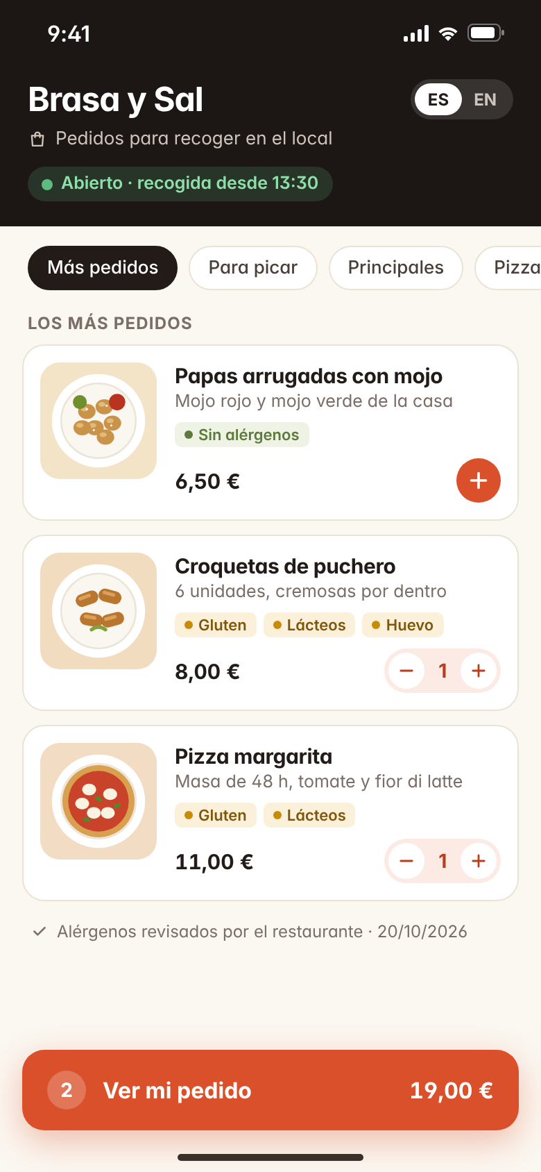 Carta de Fogaio en el móvil del cliente con fotos de los platos, precios y alérgenos de cada uno