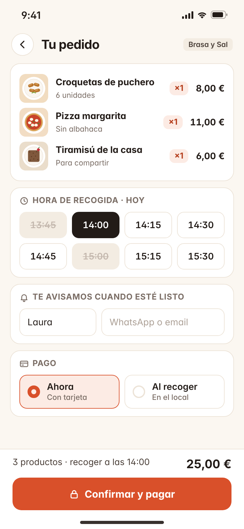 Carrito de Fogaio en el móvil con los platos, la elección de hora de recogida y la forma de pago