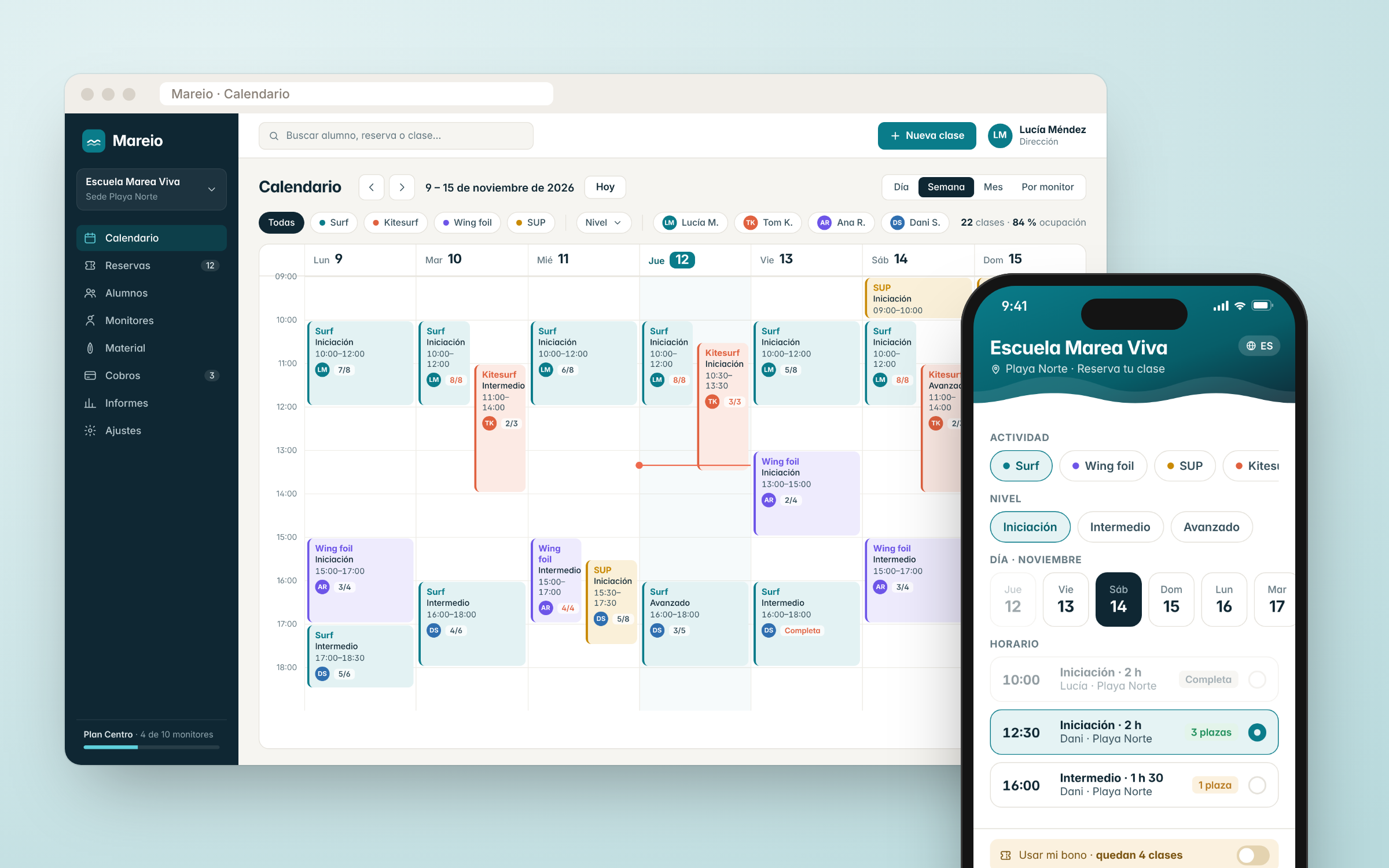 Mareio: calendario semanal de clases en escritorio y pantalla de reserva en el móvil del alumno