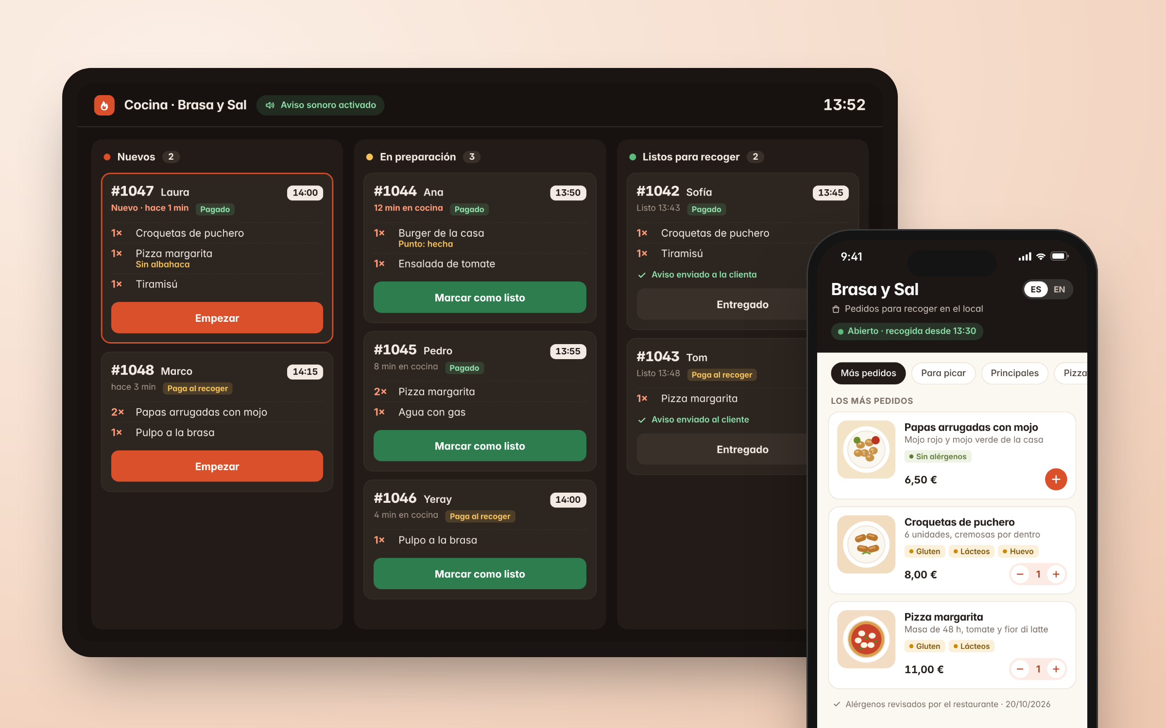 Fogaio: panel de cocina con pedidos en una tablet y carta para recoger en el móvil del cliente